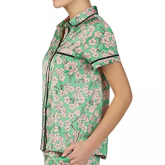 Kate Spade Charm Floral Button Down Pajama Top Short Sleeve Green & Pink Sz Med - Picture 14 of 16